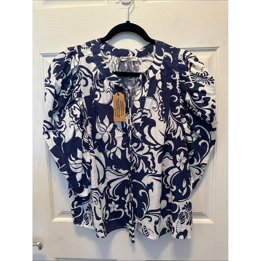 Christian Siriano Navy & White Floral Tie-Front Puff Sleeve Blouse Linen Blend M